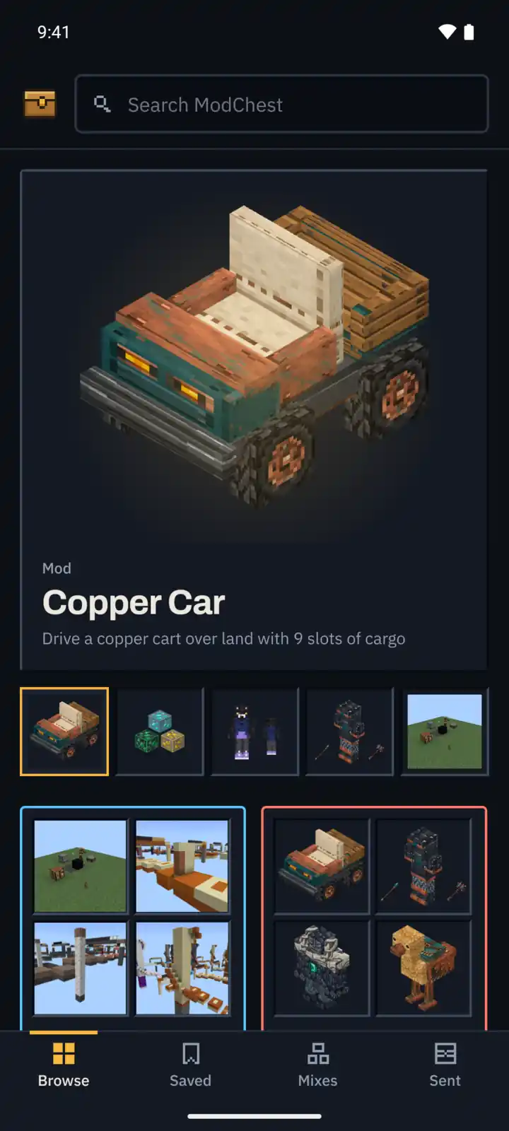 The ModChest app’s Browse screen: search, the featured creations, the sections and the Browse, Saved, Mixes and Sent tabs