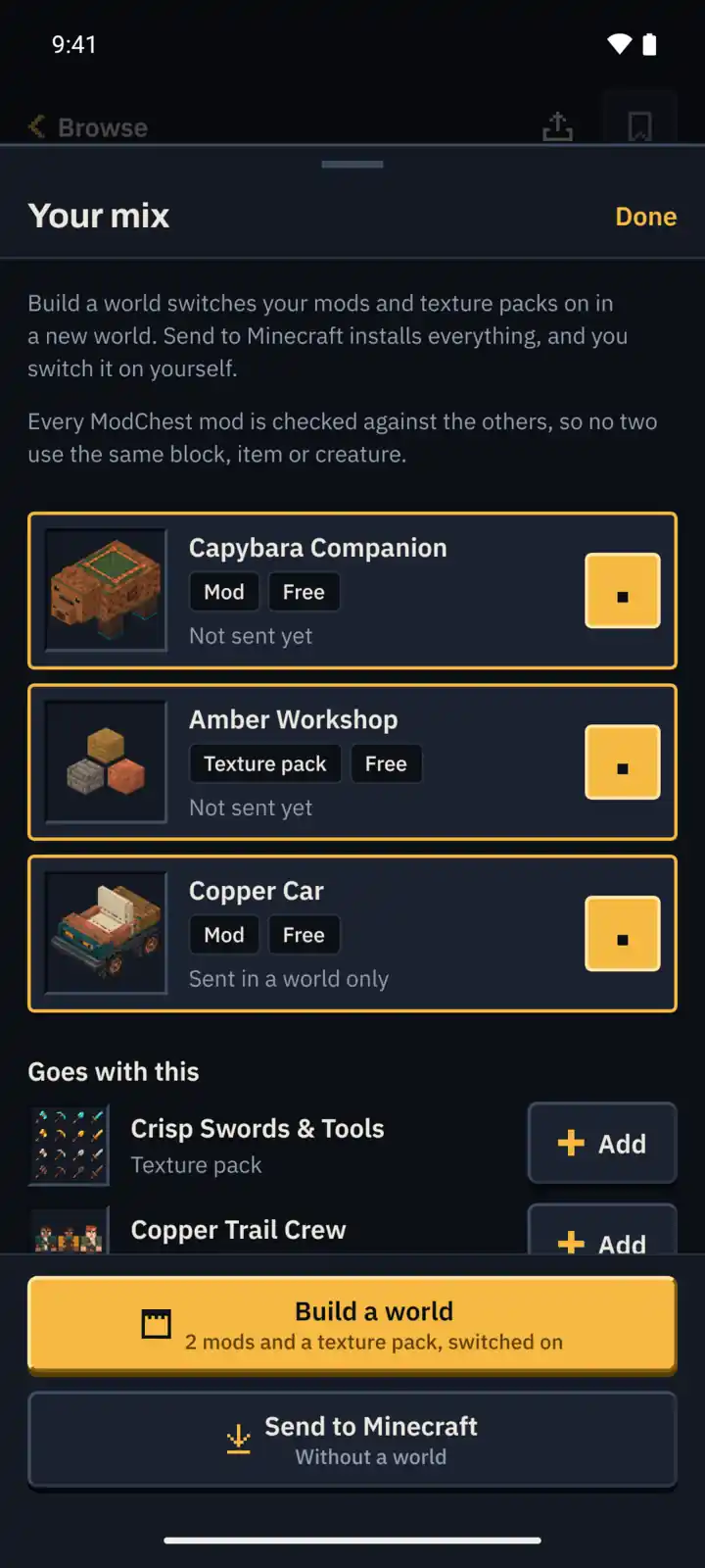 The mix in the ModChest app: two mods and a texture pack, what goes with them, and the Build a world and Send to Minecraft buttons