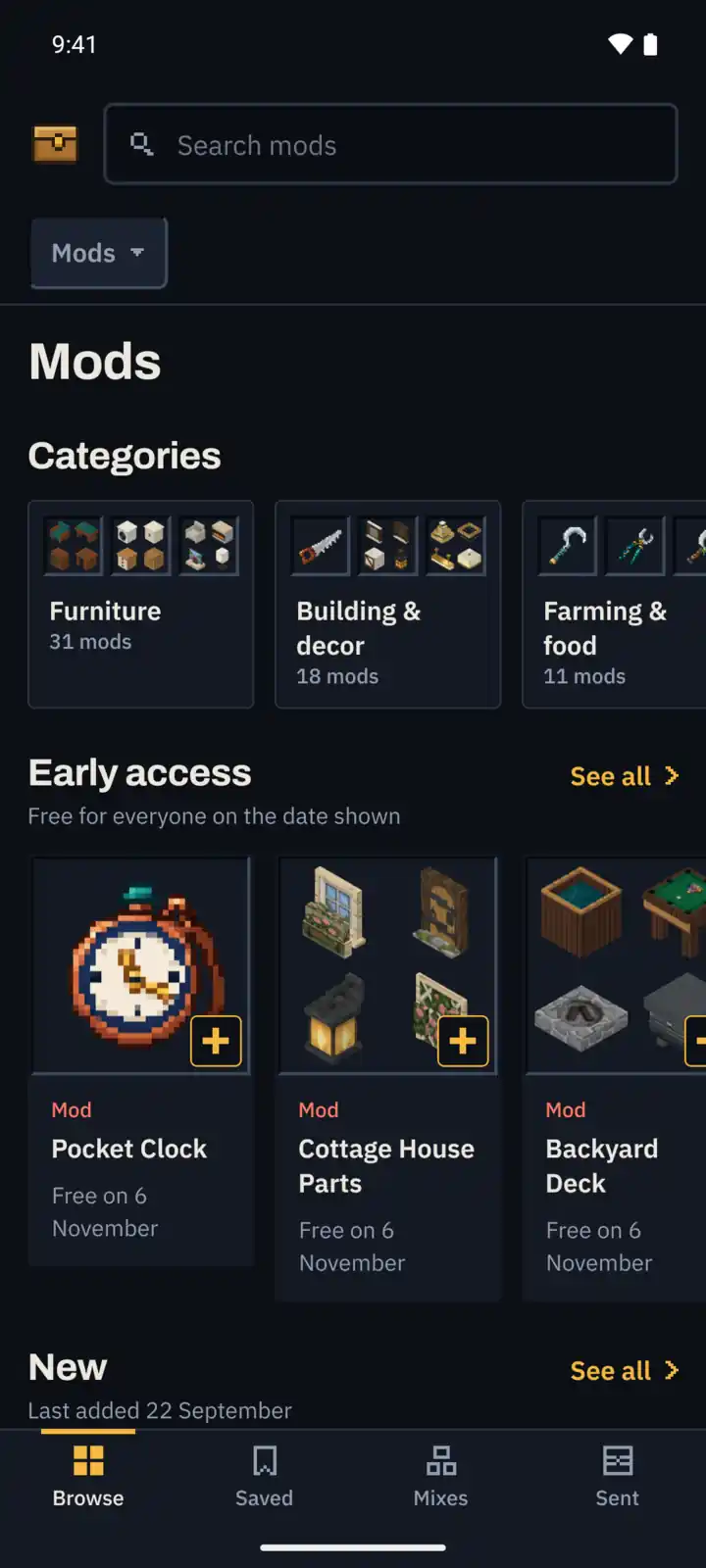 The Mods section in the ModChest app: its categories, then the mods in early access with the day each becomes free and a + on each to add it to a mix