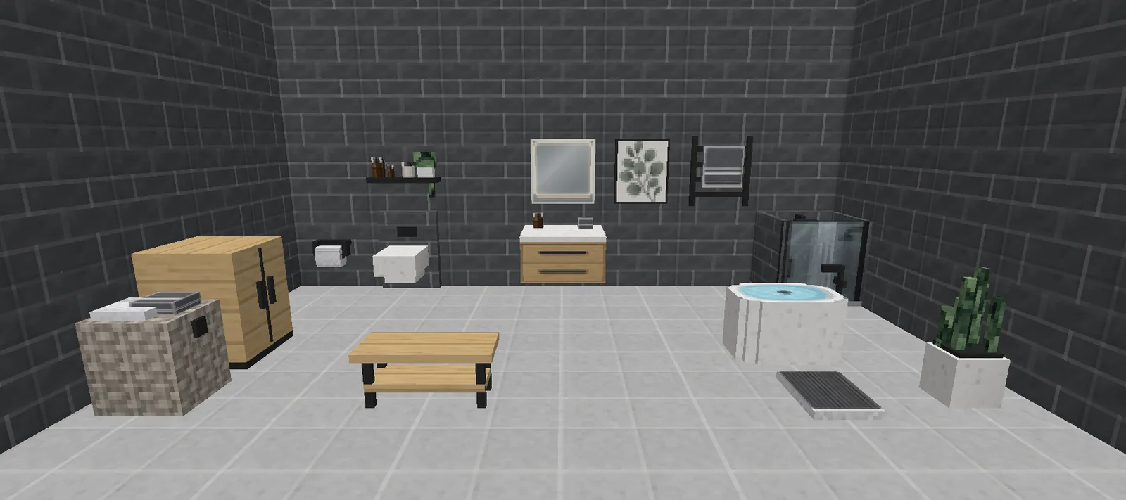 A modern Minecraft bathroom with dark slate tile walls, a walk-in shower, floating vanity drawers under a backlit mirror, a wall-hung toilet and a freestanding tub