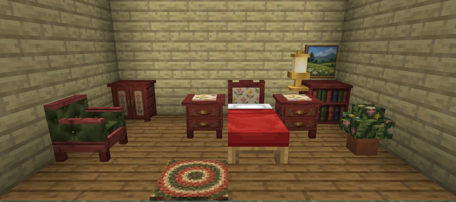 A Minecraft cottage bedroom with a red bed against a cherry headboard, two nightstands, an oil lamp, a wardrobe, a bookshelf and an armchair