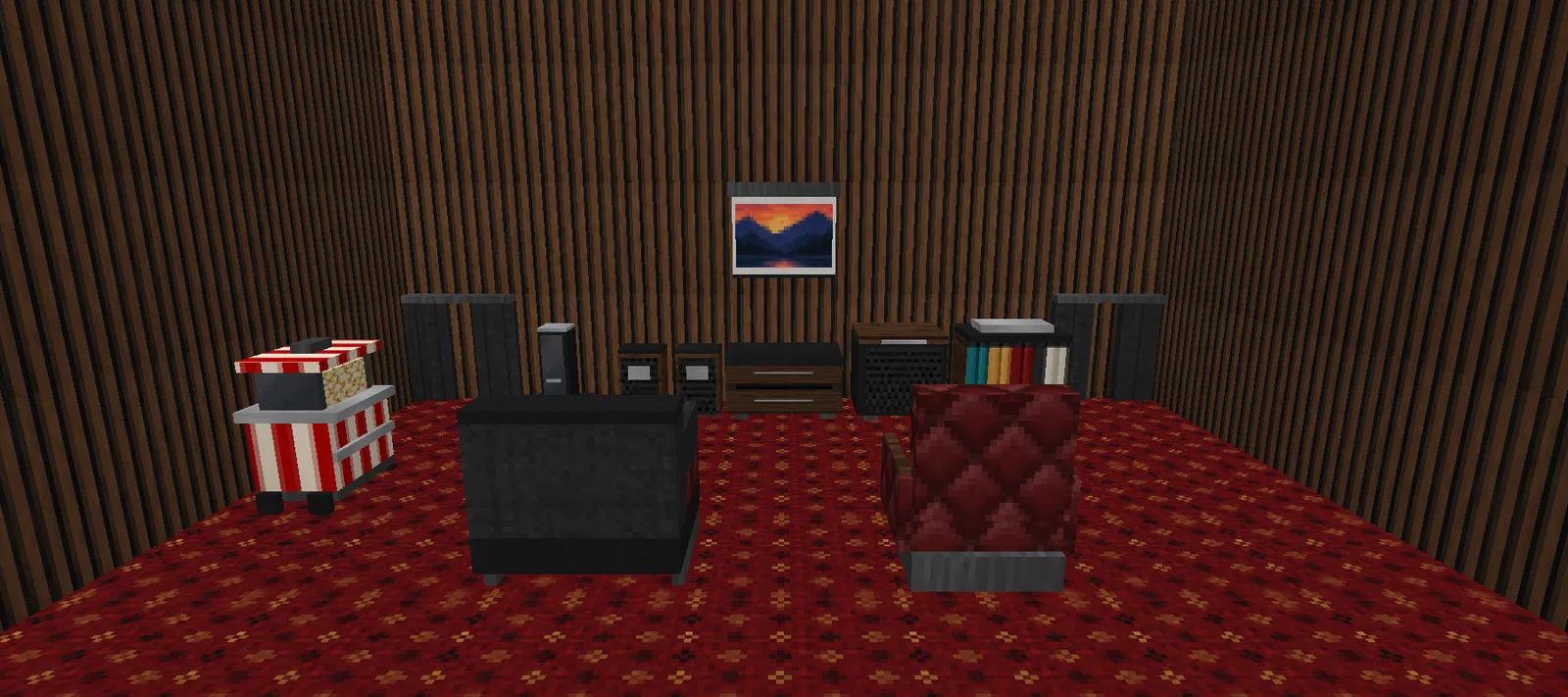 A Minecraft home cinema with acoustic panel walls, a roll-down screen over a media console, speakers, a leather recliner and a two-seat sofa on red carpet