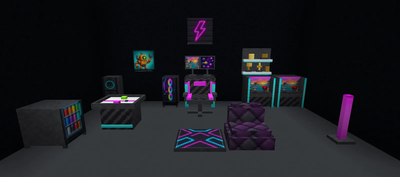 A Minecraft gaming room with black walls, two arcade cabinets, a gaming desk with dual monitors under a neon sign, an air hockey table and a bean bag
