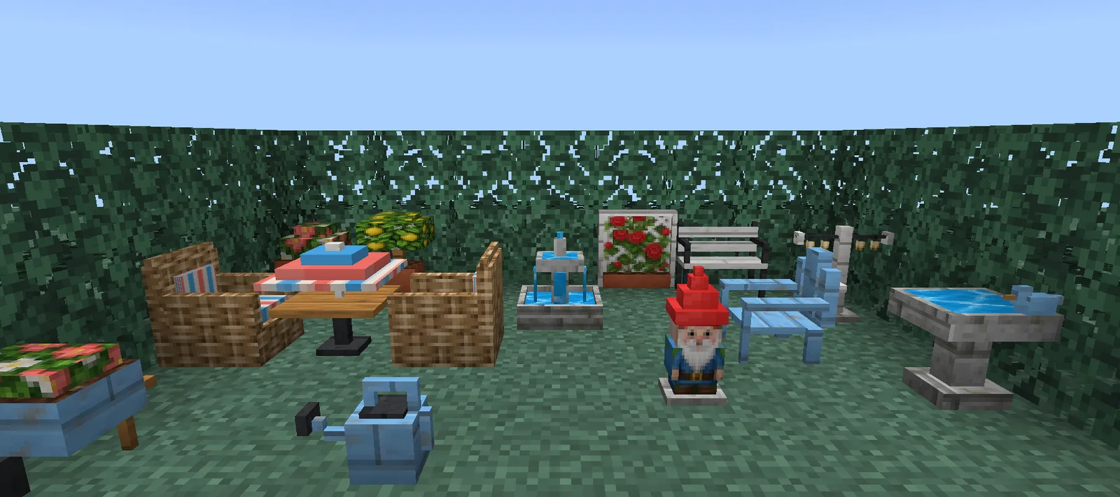 A Minecraft cottage garden inside a leaf hedge with a tiered fountain, a garden bench, a rose trellis, a parasol table with rattan chairs and a garden gnome