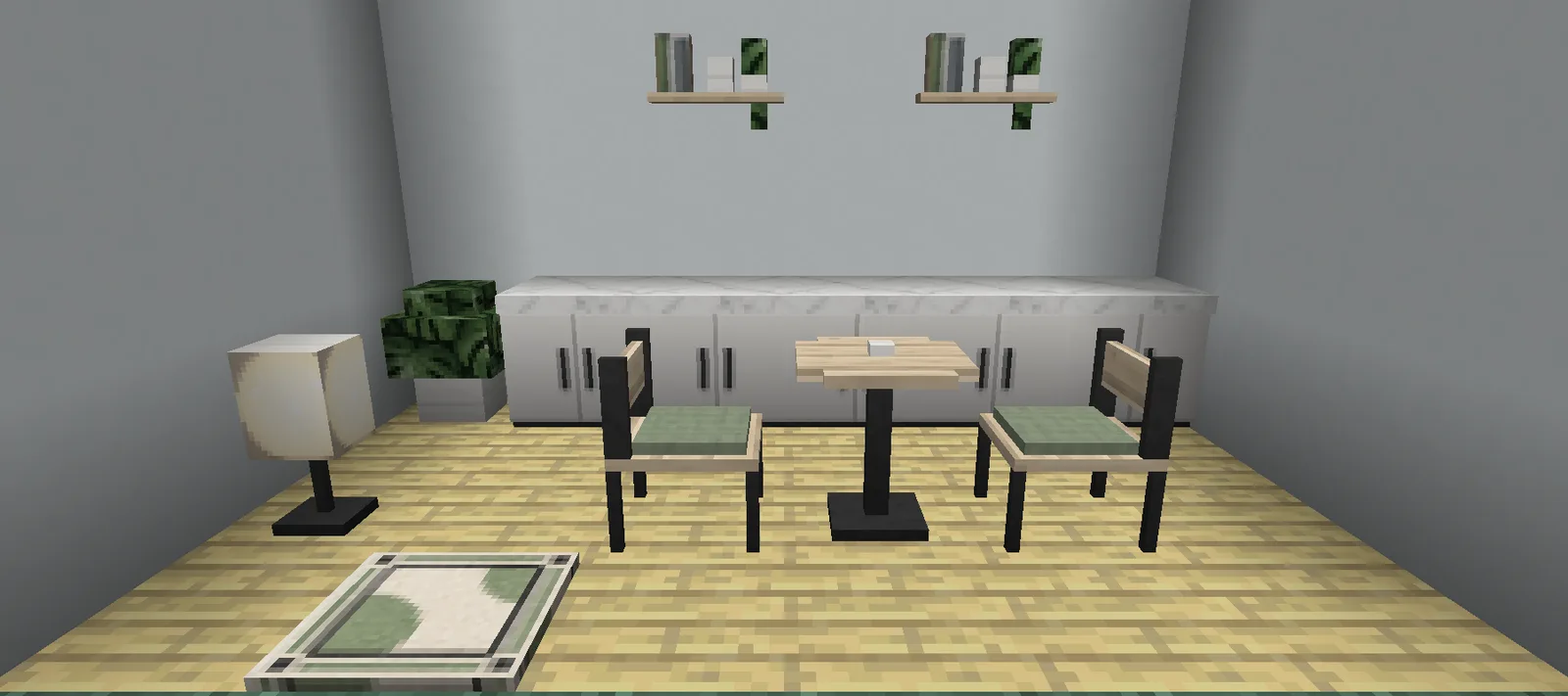 A simple Minecraft kitchen with a row of white base cabinets, two floating shelves, a round birch table with two chairs and a globe floor lamp