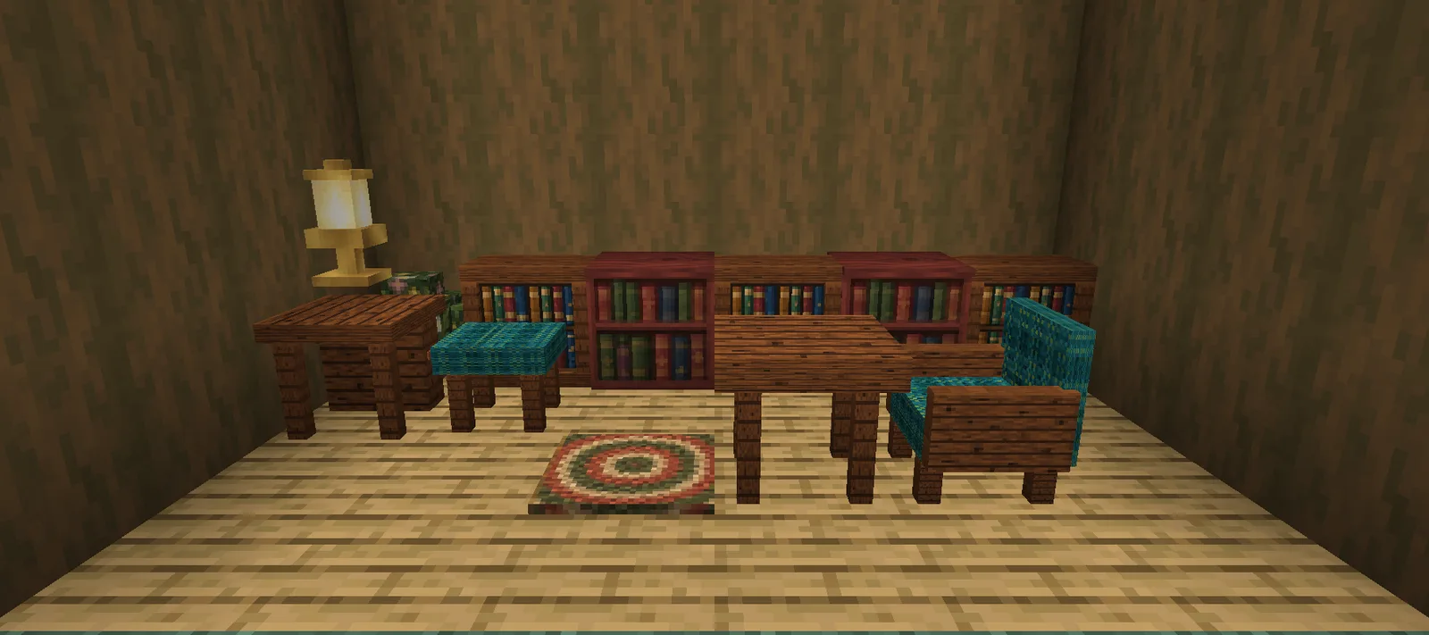A small Minecraft reading room with a wall of chestnut bookcases and cherry bookshelves, a writing desk with an oil lamp and an armchair by a braided rug