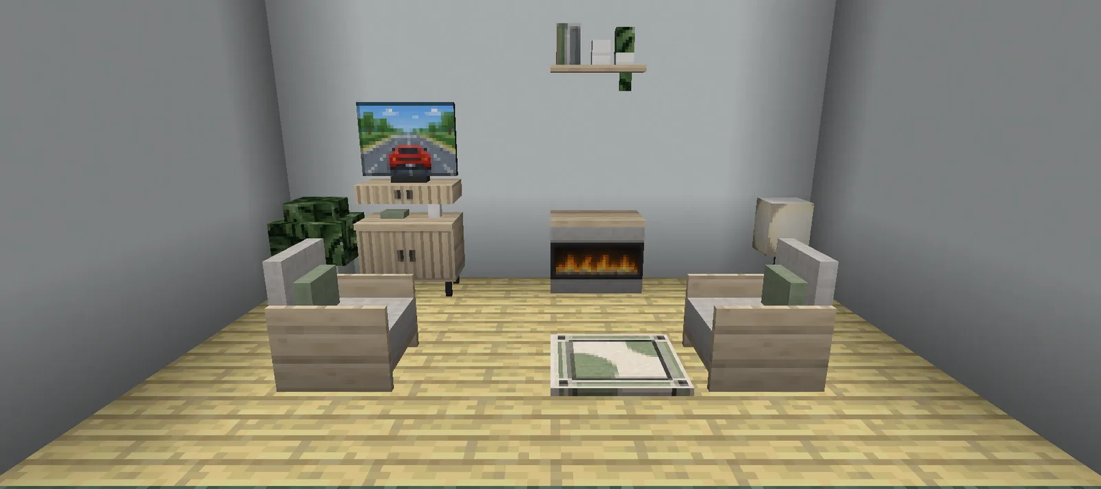 A simple Minecraft living room with a linear fireplace, a TV on a slatted sideboard and two lounge chairs facing each other across a rug
